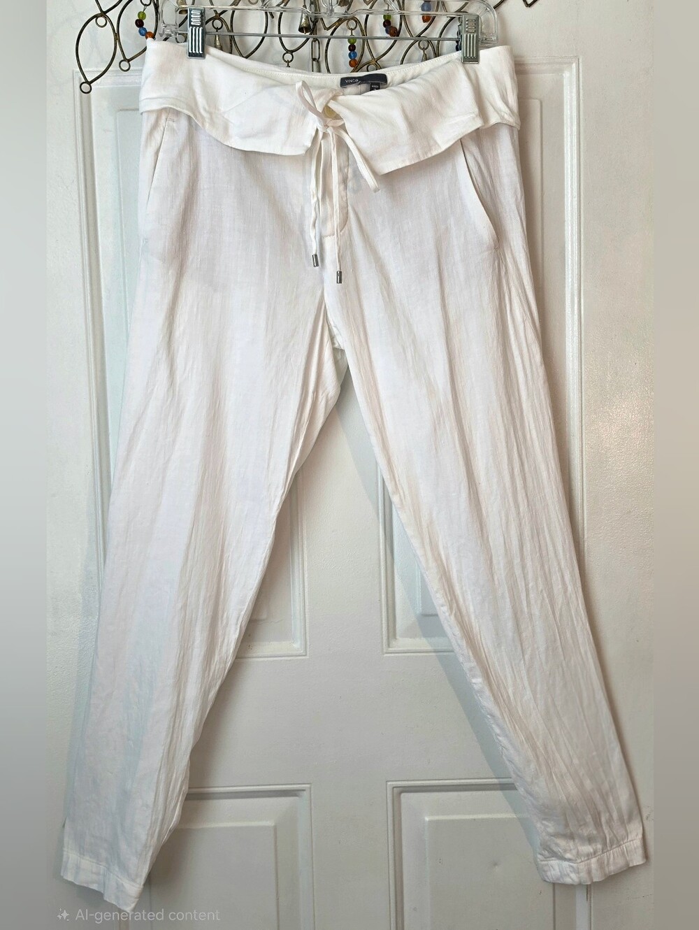 Vince. Stretch Linen Fold Over Waistband Jogger Cut Ankle Pant Women's 2 Eggshel